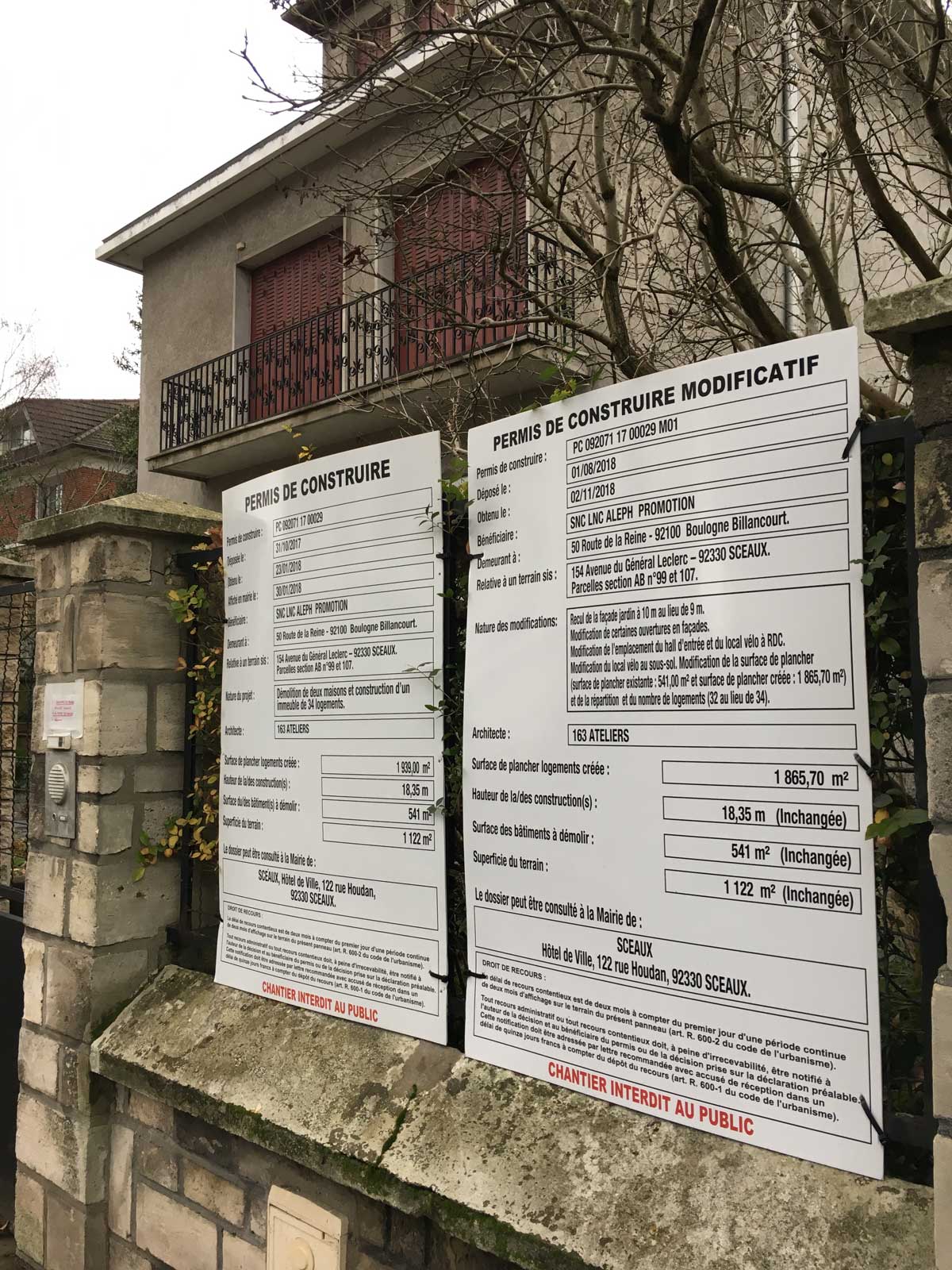 Panneau de permis de construire modificatif dans le lotissement du Parc de Sceaux